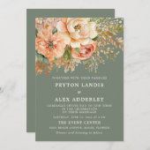 ピーチウォーターカラーフローラセージ結婚グリーン 招待状 (正面/裏面)