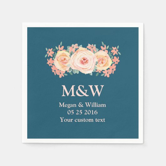 ピーチウォーターカラーフローラネイビー結婚ブルーズナプキン スタンダードカクテルナプキン (正面)