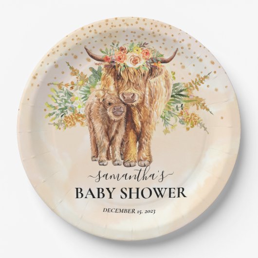 ピーチウォーターカラーフローラハイランドカウカーフベビー ペーパープレート (正面)