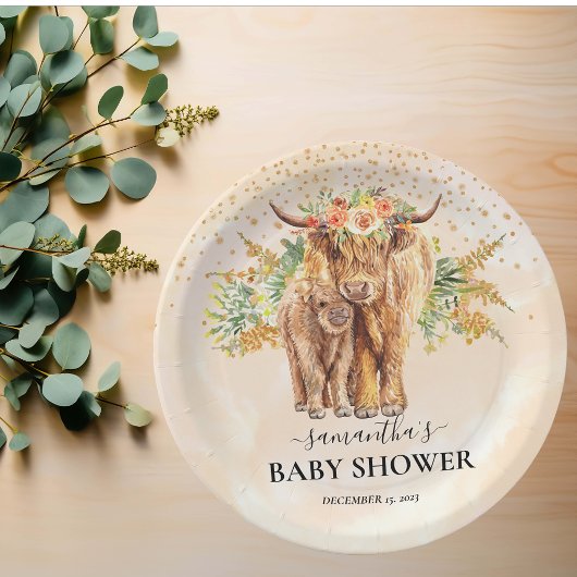 ピーチウォーターカラーフローラハイランドカウカーフベビー ペーパープレート