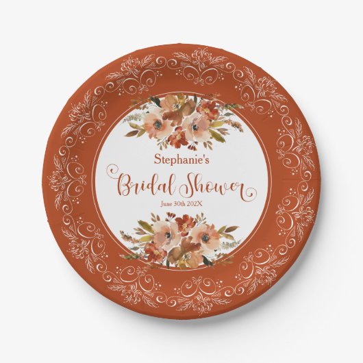 ピーチウォーターカラーフローラブライダルシャワー柿 ペーパープレート (正面)
