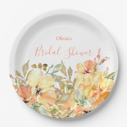 ピーチウォーターカラーフローラブライダルシャワー紙プレート ペーパープレート (正面)
