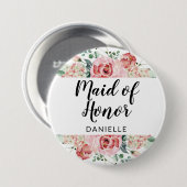 ピーチウォーターカラーフローラメイド・オブ・オーナー(花嫁付き添い人) モノグラムの 缶バッジ (正面&裏面)