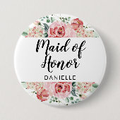 ピーチウォーターカラーフローラメイド・オブ・オーナー（花嫁付き添い人） モノグラムの 缶バッジ (正面)