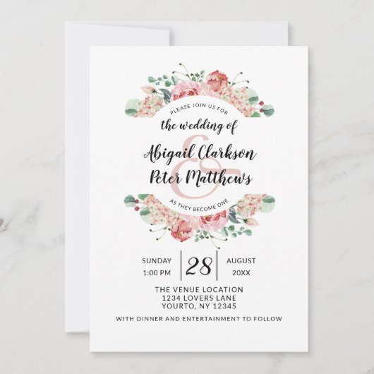ピーチウォーターカラーフローラリースシック結婚ズ 招待状 (正面)