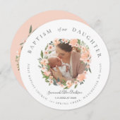 ピーチウォーターカラーフローラリースフォトベビーバプテスマ 案内状 (正面/裏面)