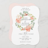 ピーチウォーターカラーフローラリース結婚式招待状 招待状 (正面/裏面)