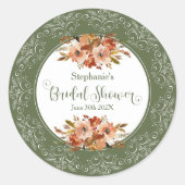 ピーチウォーターカラーフローラル ブライダルシャワー サージブルーグリーン ラウンドシール (正面)