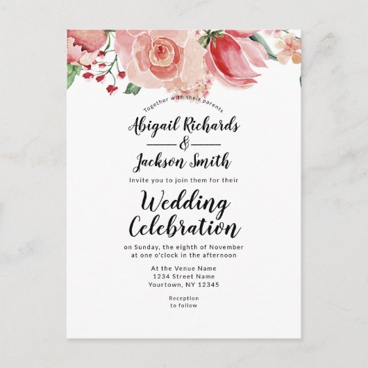 ピーチウォーターカラーフローラ縁どトップトレンディー結婚ズ インビテーションポストカード (正面)