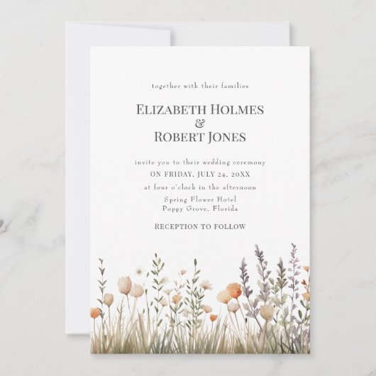 ピーチウォーターカラーワイルドフラワー結婚式招待状 招待状 (正面)
