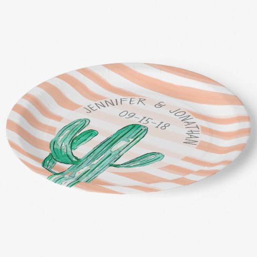 ピーチウォーターストライプカラーのサボテン南西結婚の ペーパープレート (アングル)