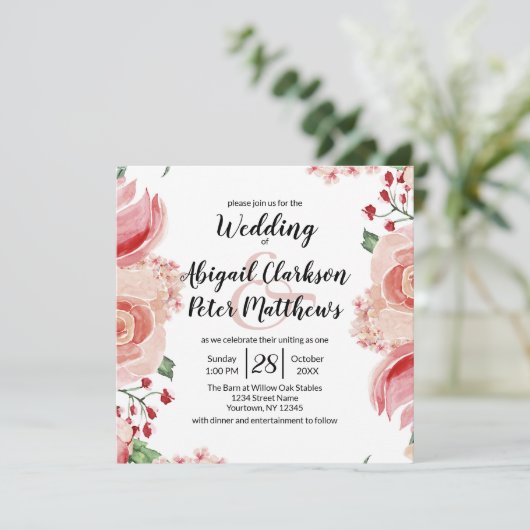 ピーチウォーター縁どカラーフローラ結婚ズスクエア 招待状 (スタンド正面)