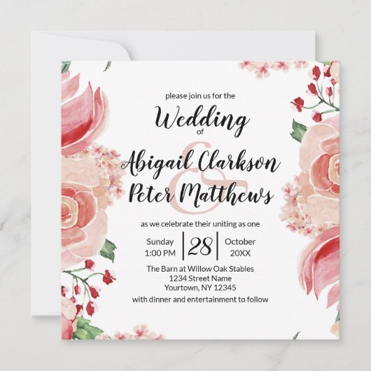 ピーチウォーター縁どカラーフローラ結婚ズスクエア 招待状 (正面)