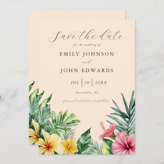 ピーチウォーター色の熱帯花の緑結婚色 セーブザデート (正面/裏面)