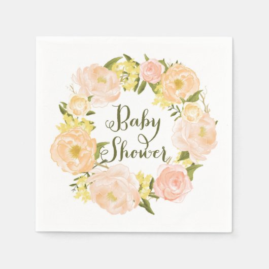 ピーチウォーター色の牡丹リースベビーシャワーナプキン スタンダードカクテルナプキン (正面)