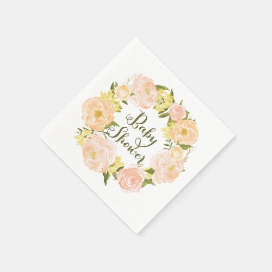 ピーチウォーター色の牡丹リースベビーシャワーナプキン スタンダードカクテルナプキン (角)