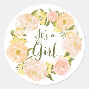 ピーチウォーター色の牡丹リースベビーシャワー ラウンドシール