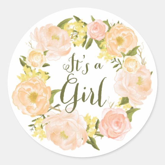 ピーチウォーター色の牡丹リースベビーシャワー ラウンドシール (正面)