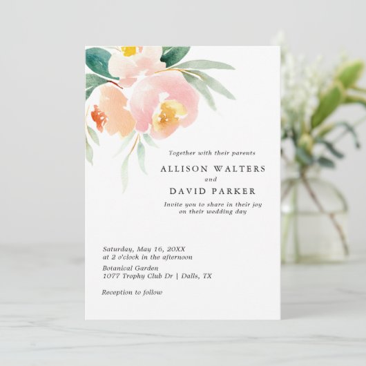 ピーチウォーター色フローラ結婚式招待状カード 招待状 (スタンド正面)