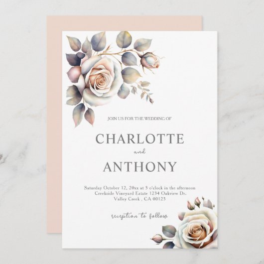 ピーチエレガントアイボリーフローラ秋の結婚式 招待状 (正面/裏面)