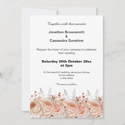 ピーチエレガントアプリコットレースフローラダイヤ結婚モンド 招待状 (正面)