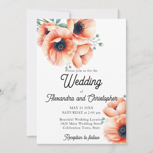 ピーチエレガントアンドコーラルポピーフローラ結婚ズ 招待状 (正面)