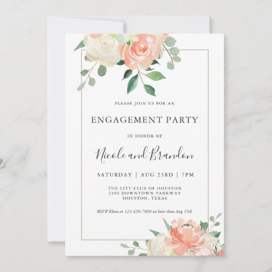 ピーチエレガントウォーター色フローラ婚約パーティ 招待状 (正面)