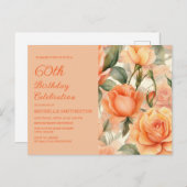 ピーチエレガントオレンジフローラバラ60th誕生日 インビテーションポストカード (正面/裏面)
