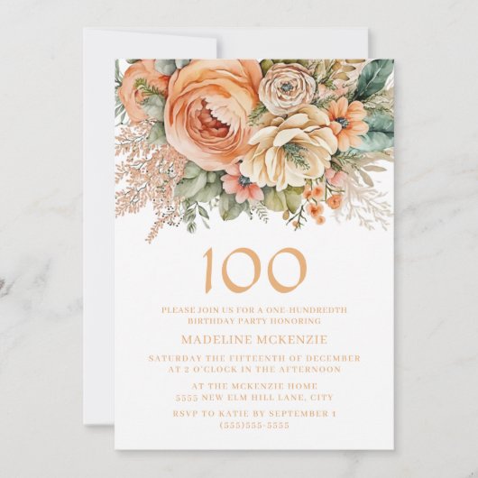 ピーチエレガントクリームフローラ100誕生日 招待状 (正面)