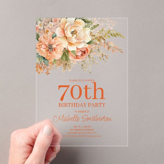 ピーチエレガントクリームフローラ70誕生日 アクリル招待状 (インサイチュ (ポータブル))