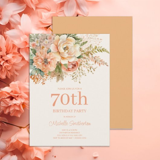 ピーチエレガントクリームフローラ70誕生日 招待状