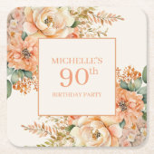 ピーチエレガントクリームフローラ90誕生日 スクエアペーパーコースター (正面)