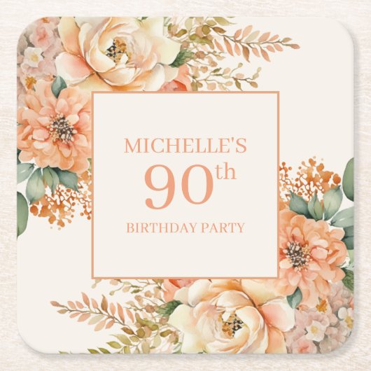ピーチエレガントクリームフローラ90誕生日 スクエアペーパーコースター (正面)