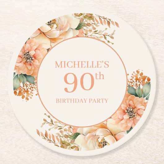 ピーチエレガントクリームフローラ90誕生日 ラウンドペーパーコースター (正面)