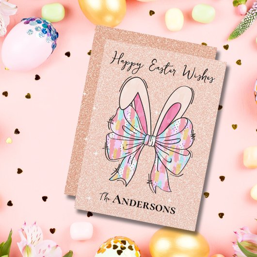 ピーチエレガントグリッターイースターバニー耳&ボウ シーズンカード