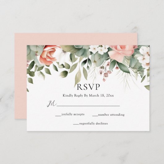 ピーチエレガントセージグリーンフローラ結婚ズ 出欠カード (正面/裏面)