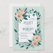 ピーチエレガントティール（緑がかった色）フローラリーフフレーム結婚ズ 招待状 (正面)
