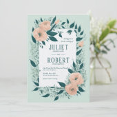 ピーチエレガントティール（緑がかった色）フローラリーフフレーム結婚ズ 招待状 (スタンド正面)