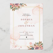 ピーチエレガントニュートラルウォーター色のフローラ結婚ズ 箔招待状 (正面)