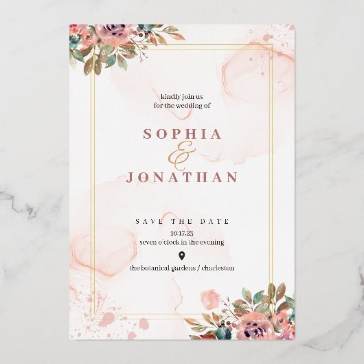 ピーチエレガントニュートラルウォーター色のフローラ結婚ズ 箔招待状 (正面)