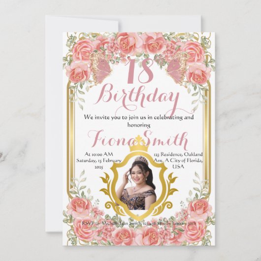 ピーチエレガントバラフローラ誕生日招待状車 招待状 (正面)