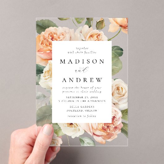 ピーチエレガントバラ結婚ズ アクリル招待状 (インサイチュ (ポータブル))
