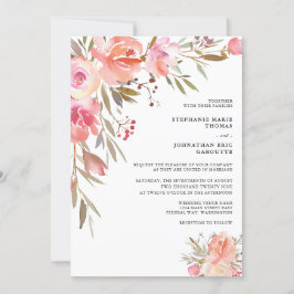 ピーチエレガントピンクウォーターカラーフローラ結婚ズ 招待状