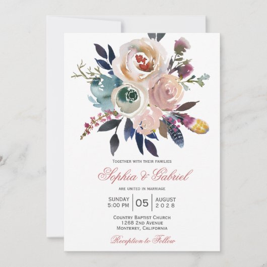 ピーチエレガントピンクブルーフローラ結婚式招待状 招待状 (正面)