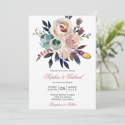 ピーチエレガントピンクブルーフローラ結婚式招待状 招待状 (スタンド正面)