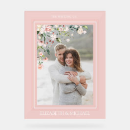 ピーチエレガントピンク水彩フローラ写真結婚の アクリルサイン