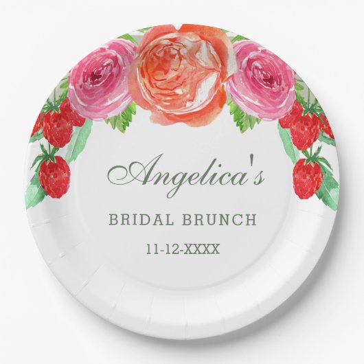 ピーチエレガントピーニーピンクフローラブライダルブランチ ペーパープレート (正面)