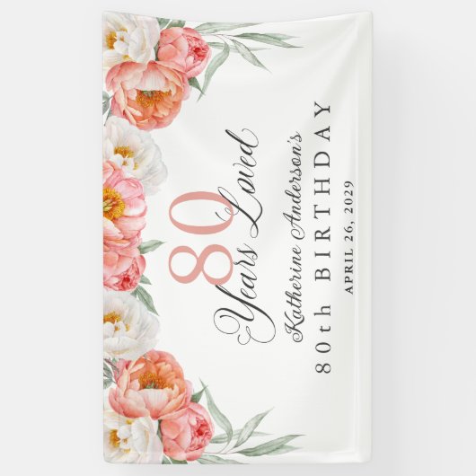 ピーチエレガントフェミニンフローラ80誕生日 横断幕 (縦)