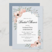 ピーチエレガントフラワーズダスティブルーブライダルシャワー 招待状 (正面/裏面)