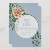 ピーチエレガントフローラダスティブルー結婚式招待状 招待状 (正面/裏面)